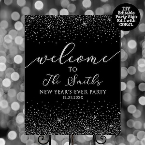 Black & Silver Glitter Welcome Sign: Editable Party Decor (Digital Download)