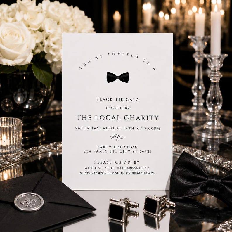 May include: A white rectangular invitation card with black text and a black bow tie graphic. The text reads: You're invited to a Black Tie Gala hosted by The Local Charity, Saturday, August 14th at 7:00pm, party location 234 Party St., City ST 54321.
