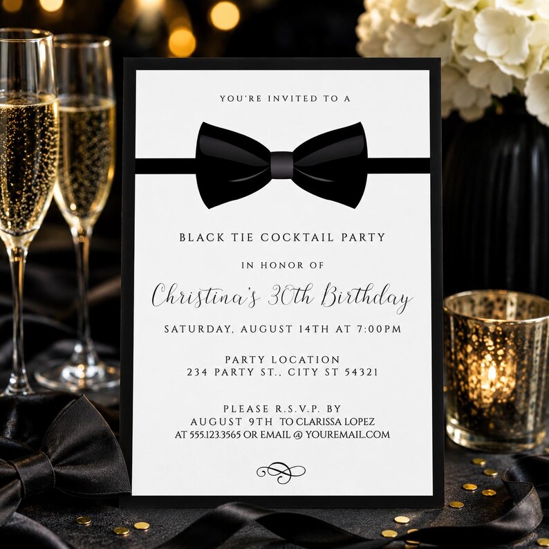 May include: A rectangular invitation card with a white background and black border. It features a black bow tie graphic at the top and text reading: YOU'RE INVITED TO A BLACK TIE COCKTAIL PARTY IN HONOR OF Christina's 30th Birthday SATURDAY, AUGUST 14TH AT 7:00PM.