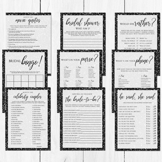 Printable Bridal Shower Games Black Glitter Bridal Shower - Etsy