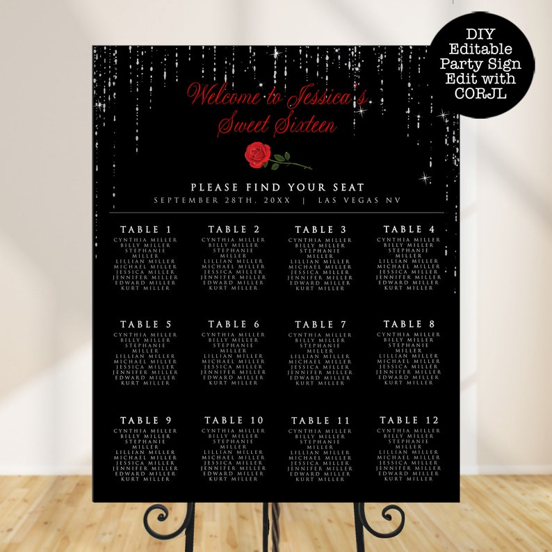Red Rose Custom Seating Chart Printable Seating Chart Sign Etsy