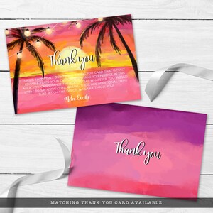 May include: Two thank you cards with a tropical sunset design. The front card features palm trees, string lights, and the words "Thank you" in white script. The second card has a gradient of pink and purple with the words "Thank you".