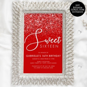 Red Sweet Sixteen Party Invitation, Sweet 16 Invitations, Red Glitter Sweet 16 Invite, Printable Invite, Instant Download, Corjl Invitations