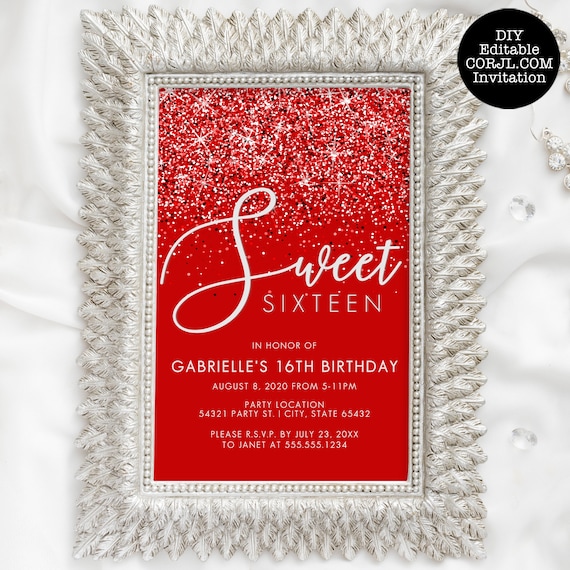 Red Sweet Sixteen Party Invitation, Sweet 16 Invitations, Red Glitter Sweet 16 Invite, Printable Invite, Instant Download, Corjl Invitations Il_570xn