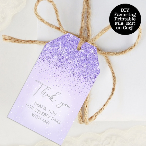 Light Purple Glitter Favor Tags, Purple Glitter Tags, Purple Glitter Favor Tags, Printable Thank You Tag, Purple Gift Tag, Glitter Gift Tag