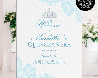 Blue and White Welcome Signs, Quince Welcome Sign, Printable Party Sign, Instant Download, Quinceanera Welcome Sign, Blue Lace Sign, Corjl