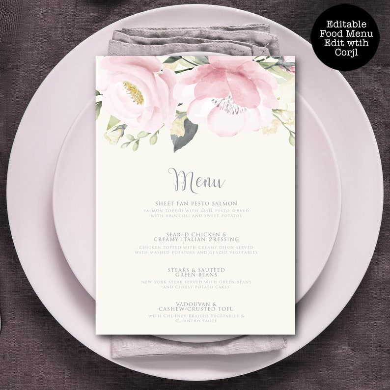 Pink and White Rose Food Menu Rose Dinner Menu Food Menu Etsy