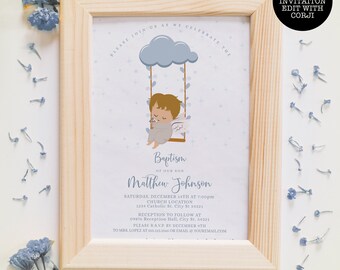 May include: A blue and white baptism invitation with a cartoon illustration of a baby angel on a swing. The text reads "Please join us as we celebrate the Baptism of our son Matthew Johnson. Saturday, December 14th at 7:00pm Church Location 1234 Catholic St. City St 54321 Reception to follow at 09876 Reception Hall, City St. 54321 Please R.S.V.P. by December 9th to Mrs. Lopez at 586-123-3565 or email@yourtmail.com"