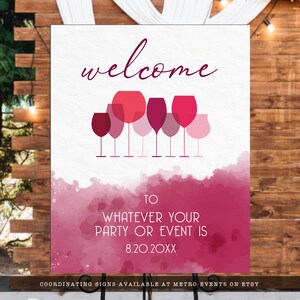 Wine Tasting Party Signs. This modern and minimalist party set is created with monochromatic wine glasses and watercolor accents. Designed By MetroEvents.
