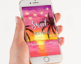 Bearbeitbare Tropical Beach Themed Sweet 16 Geburtstagsparty Evite Text Einladung Elektronische Smartphone Einladung Corjl Vorlage SMS laden