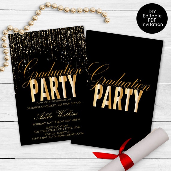 Gold Sparkle Graduation Party Invitations, College Graduate, High School Graduate, Announcements, Gold Invitations Il_570xn