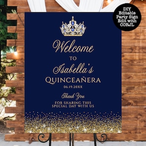 Navy Blue and Gold Welcome Sign, Printable Sign, Glitter Party Sign, Custom Welcome Sign, Editable Welcome Sign, Instant download, Corjl