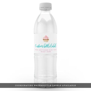 May include: Clear plastic water bottle with a white label featuring a cupcake illustration with pink frosting. The label reads "Custom Bottle Label" in teal script and "Add anything else you want here" in pink.
