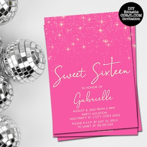 May include: Pink glitter background with white text that reads "Sweet Sixteen" in honor of Gabrielle. The text also includes the date August 8, 2020, time from 5-11pm, party location, RSVP information, and contact information.