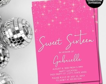 Hot Pink Glitter Sweet 16 Invitations, Glitter Sweet Sixteen Invitations, Sweet 16 Invite, Printable Invitations, Editable Invitation, Corjl