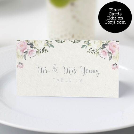 Pink and White Floral Table Placement Cards, Escort Cards, Place Card