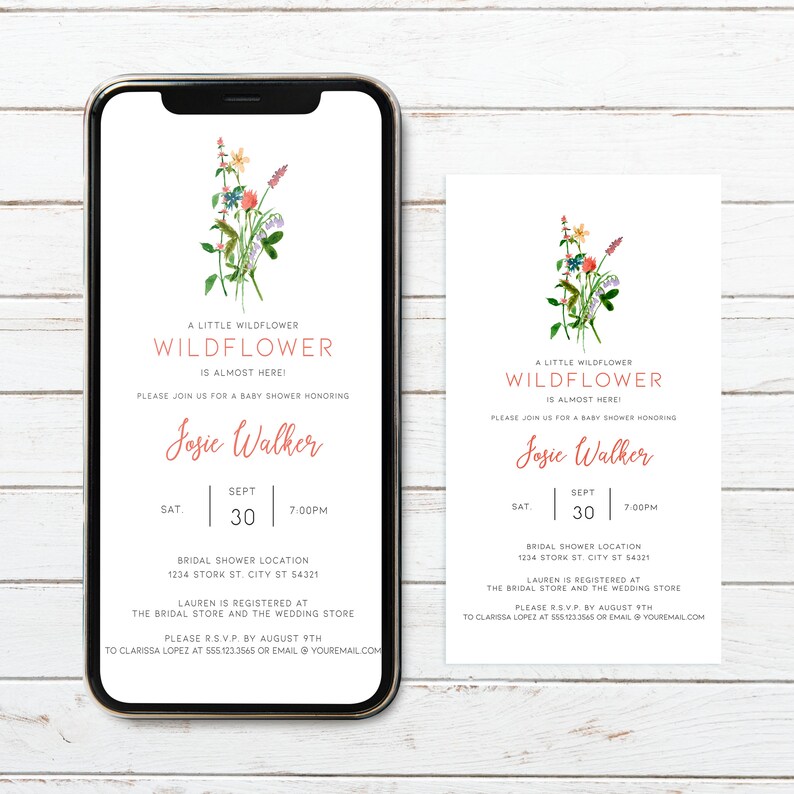 Wildflower Boho Watercolor baby Shower invitation - Customizable Corjl Template for DIY Printing. Unique Floral Design with Personalized Details.