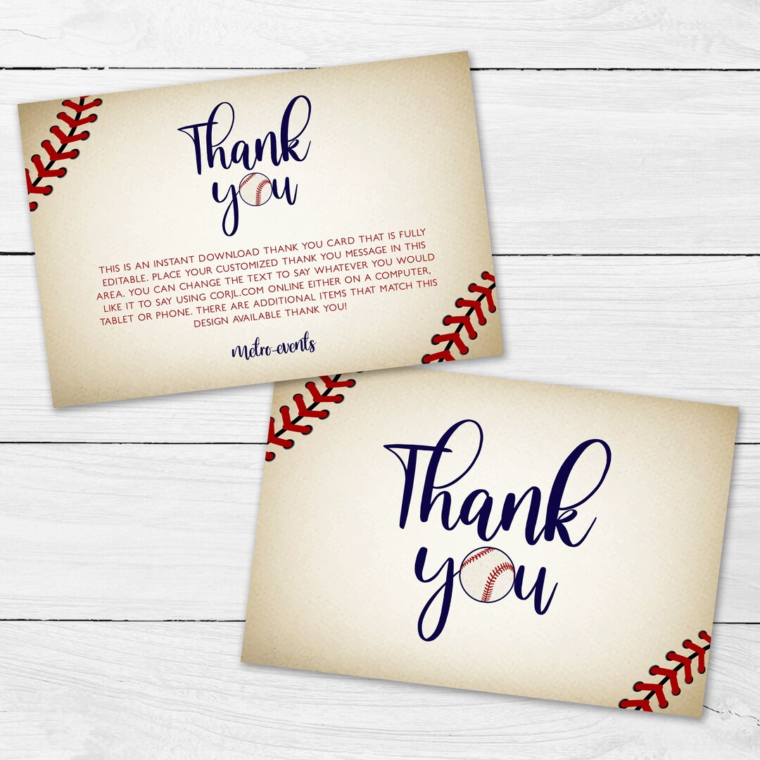 Vintage Baseball Thank You Card, Sports Thank You Notes, Corjl Template ...