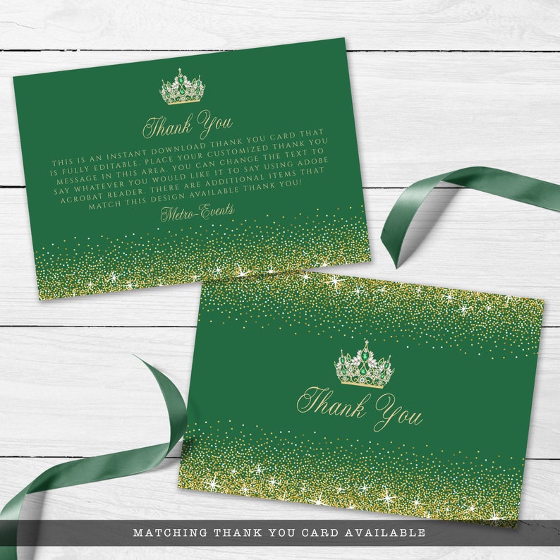 May include: A green thank you card with gold glitter and a gold crown with jewels. The text on the card says "Thank You".