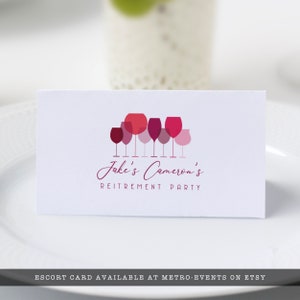 Wine Tasting placement or escort cards. This modern and minimalist party set is created with monochromatic wine glasses and watercolor accents. Designed By MetroEvents.
