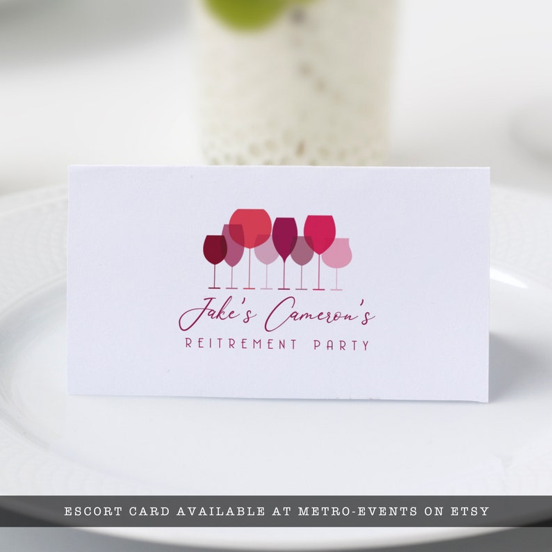 Wine Tasting placement or escort cards. This modern and minimalist party set is created with monochromatic wine glasses and watercolor accents. Designed By MetroEvents.