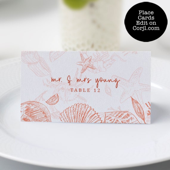 Beach Table Placement Cards, Escort Card, Place Card Template, Wedding ...