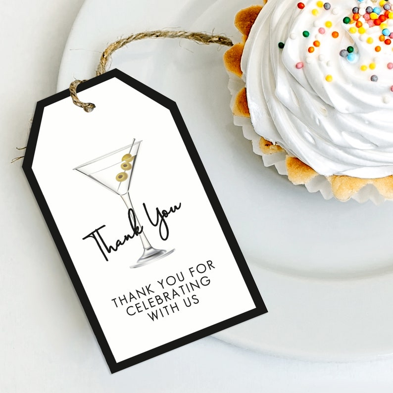 Black and White Cocktail Favor Tags. Sleek and fun style invitation designed with a martini glass with olives. Designed By MetroEvents