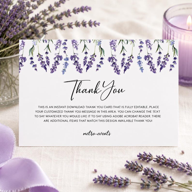 May include: A rectangular white thank you card featuring a watercolor lavender floral border at the top. The card displays the text Thank You in black script, followed by instructional text for editing and the brand name metro-events at the bottom.