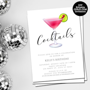 Cocktail Party Invitations, Housewarming Party Invitation, Martini Glass Invitation, Cosmo Party Invitation, Printable Invitations, Download