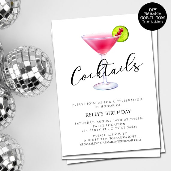 Cocktail Party Invitations, Housewarming Party Invitation, Martini Glass Invitation, Cosmo Party Invitation, Printable Invitations, Download Il_570xn