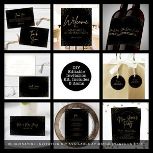 Modern Black and Gold Party Collection. Create your own customized party with this editable invitation bundle. The design features a black background with gold specs around the corners and elegant typography.