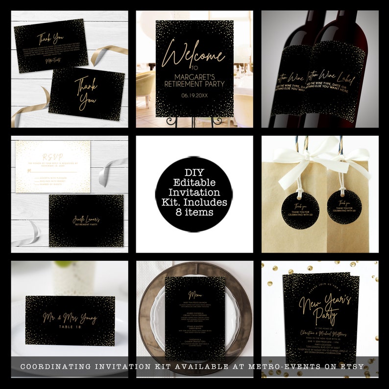 Modern Black and Gold Party Collection. Create your own customized party with this editable invitation bundle. The design features a black background with gold specs around the corners and elegant typography.