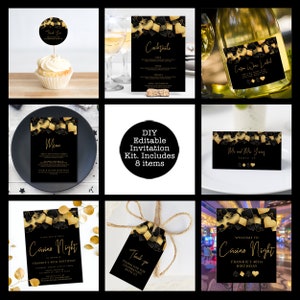 Casino night party bundle designed with hearts, diamonds, clubs, and spades framing the top in gold and black. Designed By MetroEvents.