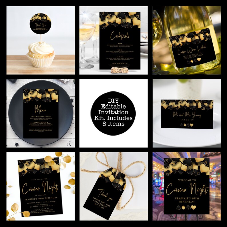 Casino night party bundle designed with hearts, diamonds, clubs, and spades framing the top in gold and black. Designed By MetroEvents.