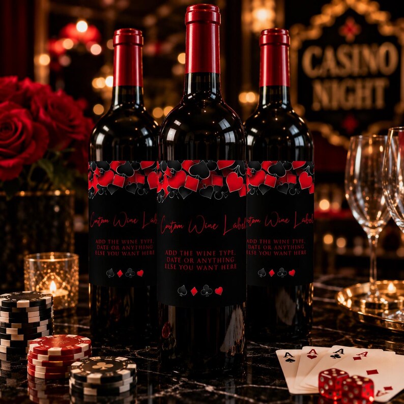 May include: Three wine bottles with red foil tops and black labels featuring red and black playing card suit symbols. The labels display the text Custom Wine Label and ADD THE WINE TYPE, DATE OR ANYTHING ELSE YOU WANT HERE in red lettering.