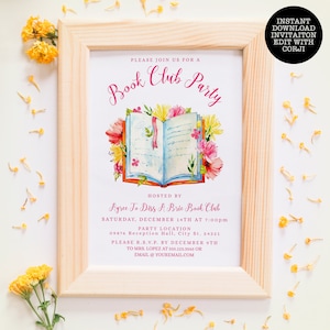 May include: A printable invitation for a book club party. The invitation features a watercolor illustration of an open book with flowers. The text reads "Please join us for a Book Club Party" and "Hosted by Agree To Diss A Bric Book Club".
