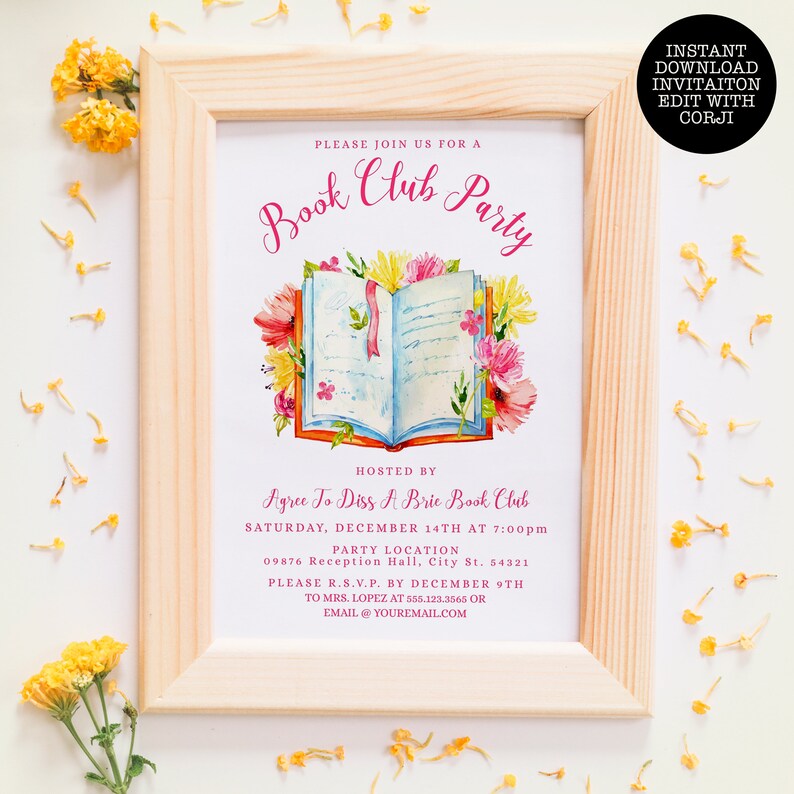 May include: A printable invitation for a book club party. The invitation features a watercolor illustration of an open book with flowers. The text reads "Please join us for a Book Club Party" and "Hosted by Agree To Diss A Bric Book Club".