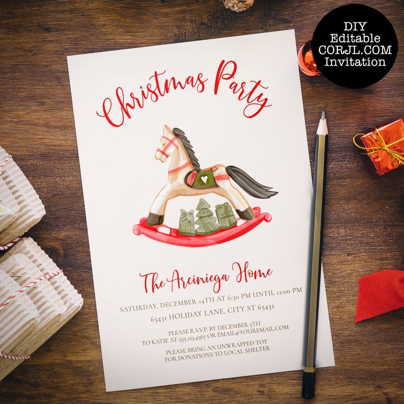 Holiday Party Invitations Rocking Horse Editable Template image 1
