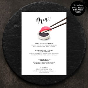 Menú de comida de sushi, Menú de noche de sushi, Menú temático de sushi, Menú de cena, Menú editable, Descarga instantánea, Menú imprimible, Plantilla de menú de comida Corjl