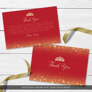 Red and Gold Glitter Quinceañera and Sweet Sixteen Party thank you card. Designed with sparkles, faux gold glitter, gold crown with diamond, and red background accents for a fabulous birthday. Designed By MetroEvents
