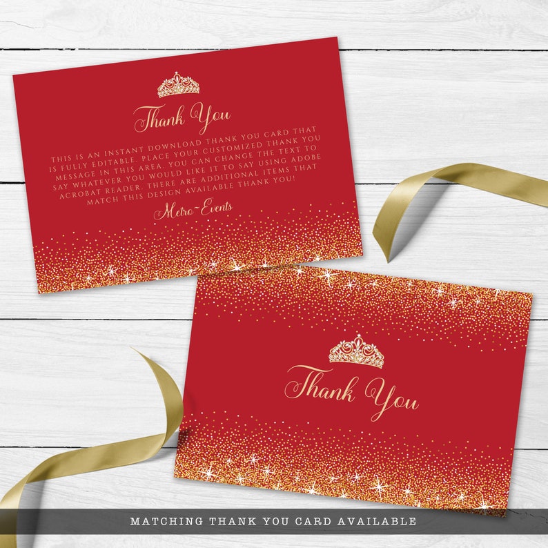 Red and Gold Glitter Quinceañera and Sweet Sixteen Party thank you card. Designed with sparkles, faux gold glitter, gold crown with diamond, and red background accents for a fabulous birthday. Designed By MetroEvents
