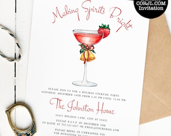 Holiday Cocktail Party Invitation Template, Christmas Party Invite, Making Spirits Bright Invite, Editable, INSTANT DOWNLOAD, Corjl Template