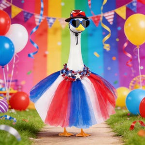 Puede incluir: Un ganso con un atuendo patriótico, que incluye un tutú rojo, blanco y azul, un collar adornado con estrellas, gafas de sol en forma de corazón y un sombrero pequeño. El fondo presenta decoraciones coloridas y globos.