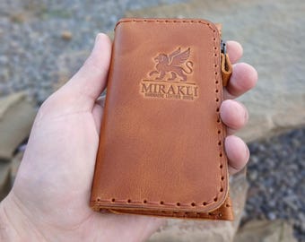 Tan Cowhide Leather Long Wallet, Crazy Horse Zipper Clutch, Handmade Vertical Continental Gift