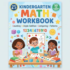 Peut inclure: Une couverture de cahier d'exercices de mathématiques pour la maternelle bleu clair avec le titre "KINDERGARTEN MATH WORKBOOK", les badges "Ages 4-7" et "50 Fun Learning Pages". L'illustration montre deux enfants avec des outils.
