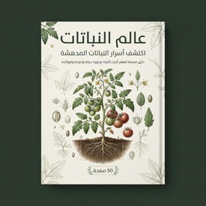 May include: A book cover with a cream background featuring a central illustration of a tomato plant with roots, red tomatoes, and green leaves. The Arabic text reads "عالم النباتات", "اكتشف أسرار النباتات المدهشة", "دليل مبسط لفهم أجزاء النبات ودورة حياته وتنوعه وفوائده", and "50 صفحة".