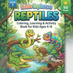 Può includere: Un libro da colorare, di apprendimento e attività Little Explorers Reptiles per bambini dai 4 agli 8 anni con 50 pagine. La copertina mostra un serpente verde, un camaleonte colorato, una tartaruga e un coccodrillo in una giungla con foglie.