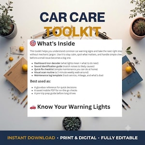 Puede incluir: Un documento Car Care Toolkit que incluye una sección What's Inside con un decodificador de iconos del tablero, guía de identificación de sonidos, lista de verificación de reparaciones rápidas, rutina de escaneo visual y registro de mantenimiento.