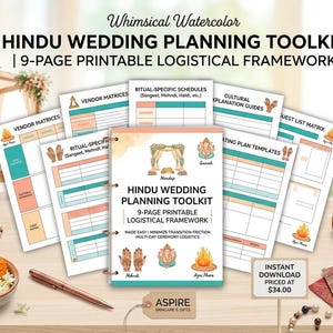 May include: A Hindu Wedding Planning Toolkit with a 9-page printable logistical framework. The image features a central booklet surrounded by planning guides, vendor matrices, and ritual schedules. The toolkit includes watercolor illustrations and the text "Whimsical Watercolor".