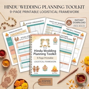 May include: A Hindu wedding planning toolkit featuring a 9-page printable logistical framework. The collection includes budget spreadsheets, guest list workbooks, vendor matrices, ritual guides, and timelines with illustrations of Ganesha and a mandap.